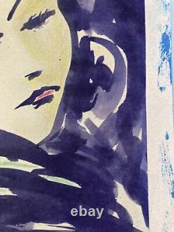 Very Beautiful Painting Alfred BRÉVAL Gouache on Paper Portrait 20th Century Purple Woman