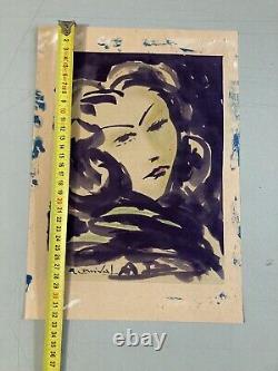 Very Beautiful Painting Alfred BRÉVAL Gouache on Paper Portrait 20th Century Purple Woman