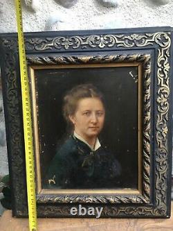 Very Beautiful Painting On Photo Oil On Panel Portrait Woman XIX Monsabert