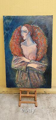 Very Large Oil On Canvas Woman Breast Naked Art Deco / Post Expressionism