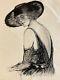 Very Beautiful Drawing 1950 Ancient Ink Woman With Hat Art Deco To Identify