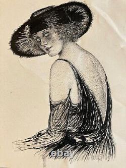 Very beautiful drawing 1950 Ancient ink woman with hat Art Deco To identify