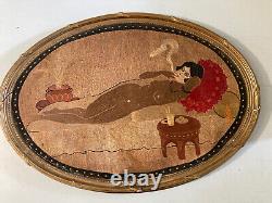 Very beautiful embroidery of a reclining nude woman, erotic 1930 to identify rare art deco
