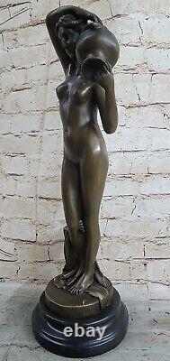 Vintage Art Deco Bronze Woman Girl Fair Maiden Hold Water Bottle Sculpture Nude