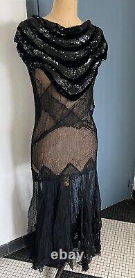 Vintage Art Deco Evening Dress 1920s/1930s Black Tulle with Sequins Size 38