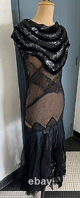 Vintage Art Deco Evening Dress 1920s/1930s Black Tulle with Sequins Size 38