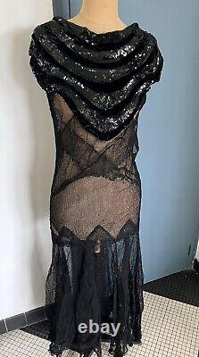 Vintage Art Deco Evening Dress 1920s/1930s Black Tulle with Sequins Size 38