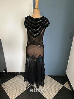 Vintage Art Deco Evening Dress 1920s/1930s Black Tulle with Sequins Size 38