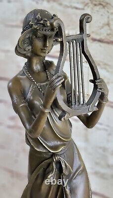 Vintage Art Deco Heavy Solid Bronze Sculpture Woman With / Harp Font Figurine