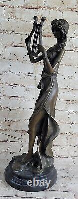 Vintage Art Deco Heavy Solid Bronze Sculpture Woman With / Harp Fonte
