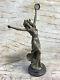 Vintage French Art Deco Bronze Tambourin Woman Sculpture Marble Base Nearly Nu