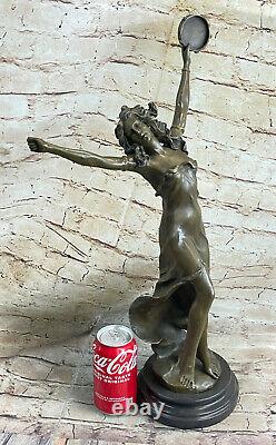 Vintage French Art Deco Bronze Tambourin Woman Sculpture Marble Base Nearly Nu