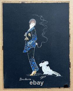 Vintage Gouache Art Deco Sylvio Portrait Woman Fashion Cigarette Pouting Pierrot