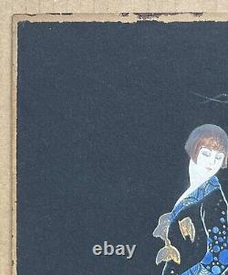 Vintage Gouache Art Deco Sylvio Portrait Woman Fashion Cigarette Pouting Pierrot