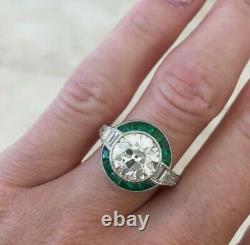 Vintage Style Art Deco Emerald Diamond Women Engagement Ring 925 Silver