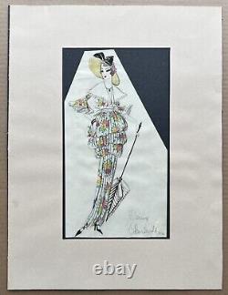 Watercolor Art Deco Drawing by Denise Charleville: Fashion Sketch of Woman in Floral Dress 1914