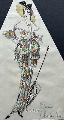 Watercolor Art Deco Drawing by Denise Charleville: Fashion Sketch of Woman in Floral Dress 1914