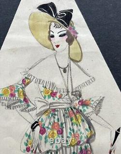 Watercolor Art Deco Drawing by Denise Charleville: Fashion Sketch of Woman in Floral Dress 1914