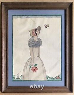 Watercolor Art Deco Elsie Denise Millon Portrait Woman Fashion Dress Flower Butterfly