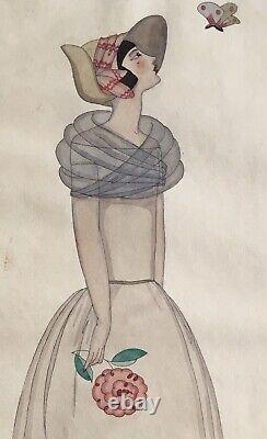 Watercolor Art Deco Elsie Denise Millon Portrait Woman Fashion Dress Flower Butterfly