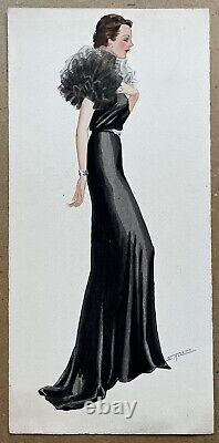 Watercolor Art Deco Sketch Fashion Portrait of Woman in Black Evening Dress 1930s