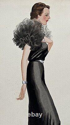 Watercolor Art Deco Sketch Fashion Portrait of Woman in Black Evening Dress 1930s