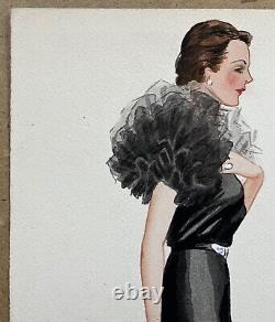 Watercolor Art Deco Sketch Fashion Portrait of Woman in Black Evening Dress 1930s