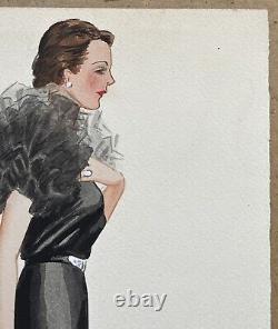 Watercolor Art Deco Sketch Fashion Portrait of Woman in Black Evening Dress 1930s