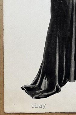 Watercolor Art Deco Sketch Fashion Portrait of Woman in Black Evening Dress 1930s