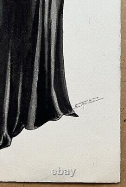 Watercolor Art Deco Sketch Fashion Portrait of Woman in Black Evening Dress 1930s