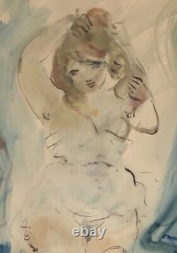 Watercolor Painting Art Deco Sylvain VIGNY (1903-1970) Portrait of a Nude Female Woman