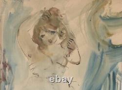 Watercolor Painting Art Deco Sylvain VIGNY (1903-1970) Portrait of a Nude Female Woman