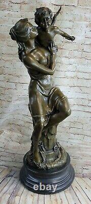 West Art Deco Sculpture Bronze Marble Wing Angel Woman Goddess Hold Baby Statue
