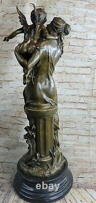 West Art Deco Sculpture Bronze Marble Wing Angel Woman Goddess Hold Baby Statue