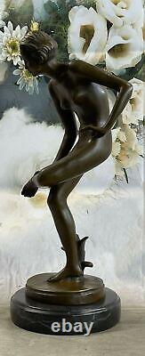 Western Art Deco Sculpture Nude Woman Girl Signed Bronze Statue Casting
