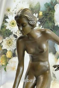 Western Art Deco Sculpture Nude Woman Girl Signed Bronze Statue Casting