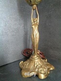 Woman Art Nouveau / Art Deco Lamp Statue Bronze Glass Paste Schneider