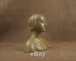 Woman Bust Art Deco Ceramic Signed Denbac Metenier