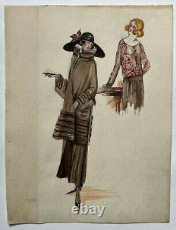 Woman Coat ORIGINAL DESIGN Watercolor FASHION Hat ART DECO Haute Couture 20th Century