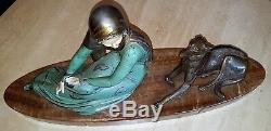 Woman With Dog. Statue In Full Polychrome Art Deco