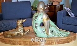 Woman With Dog. Statue In Full Polychrome Art Deco