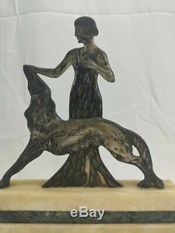 Woman With Greyhound In Silvered Bronze Signed Nisoul Art Deco Glassmaker Max 1930