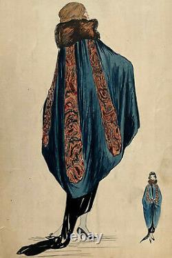 Woman's Coat ORIGINAL DRAWING Watercolor High Fashion ART DECO 20th Century