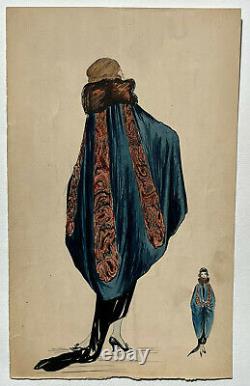Woman's Coat ORIGINAL DRAWING Watercolor High Fashion ART DECO 20th Century