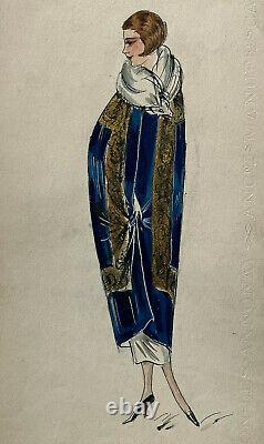 Women's Coat Original Drawing Watercolor High Fashion Art Deco XXth