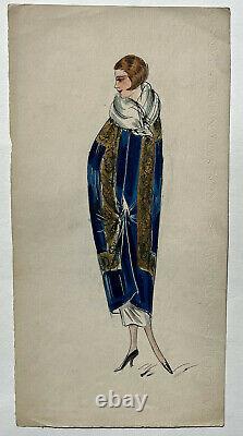 Women's Coat Original Drawing Watercolor High Fashion Art Deco XXth