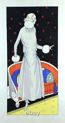 Women's Fashion Large Original Gouache Art Deco 45 x 32 cm Boyish Dress #11