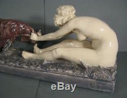 Young Naked Woman And Old Goat Sculpture Ceramic Art Nouveau Signed Gory