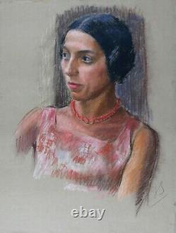 Young Woman With Circa Necklace 1930 Pastel 65 X 50 CM Art Deco Monogram Mode