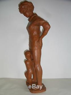 08b46 Ancienne Statue Terre Cuite Femme Et Enfant Sur La Plage Art Déco Signe